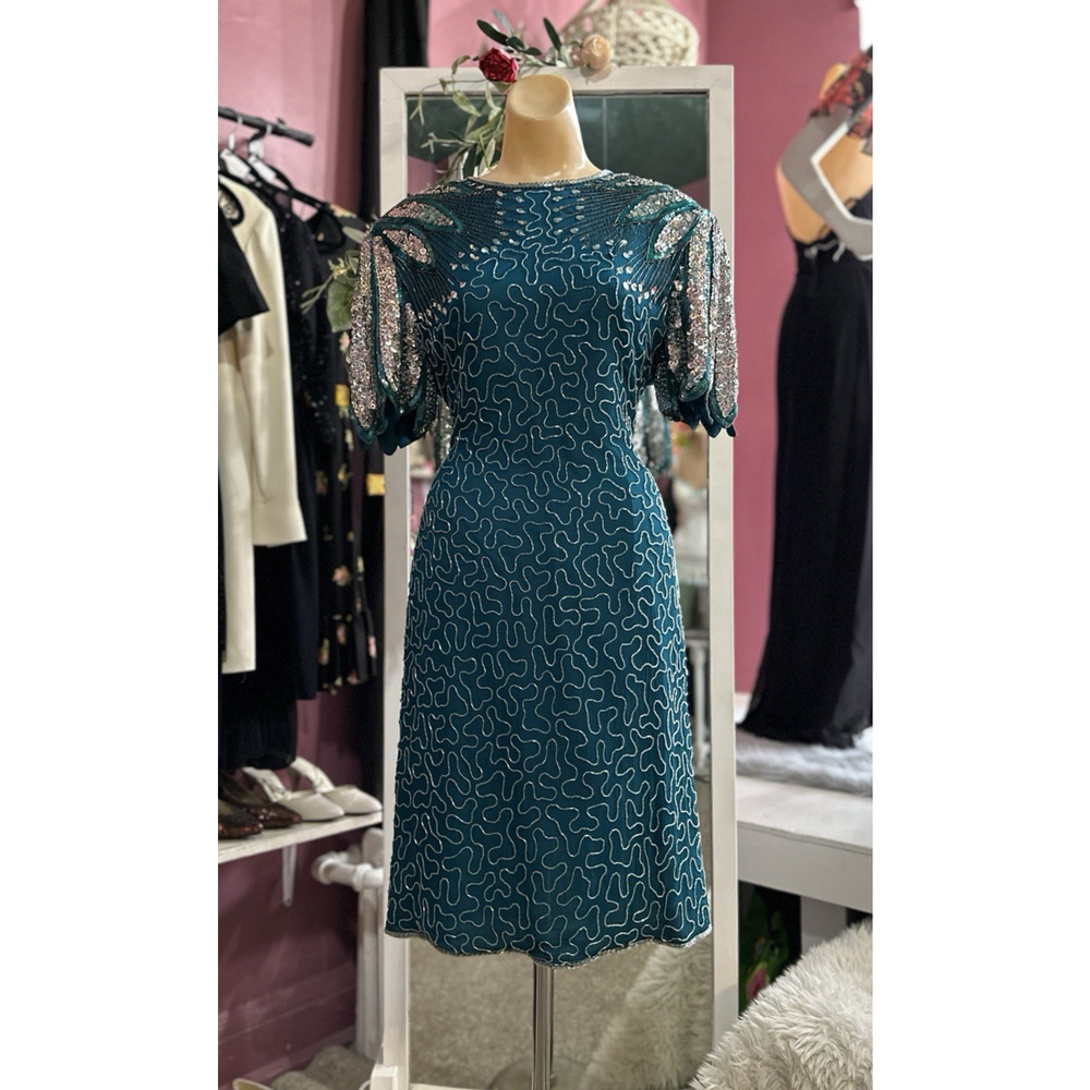 Vintage 80s Beaded Mini Dress Green Silver Open Back Cocktail Evening S/M - Picture 2 of 9